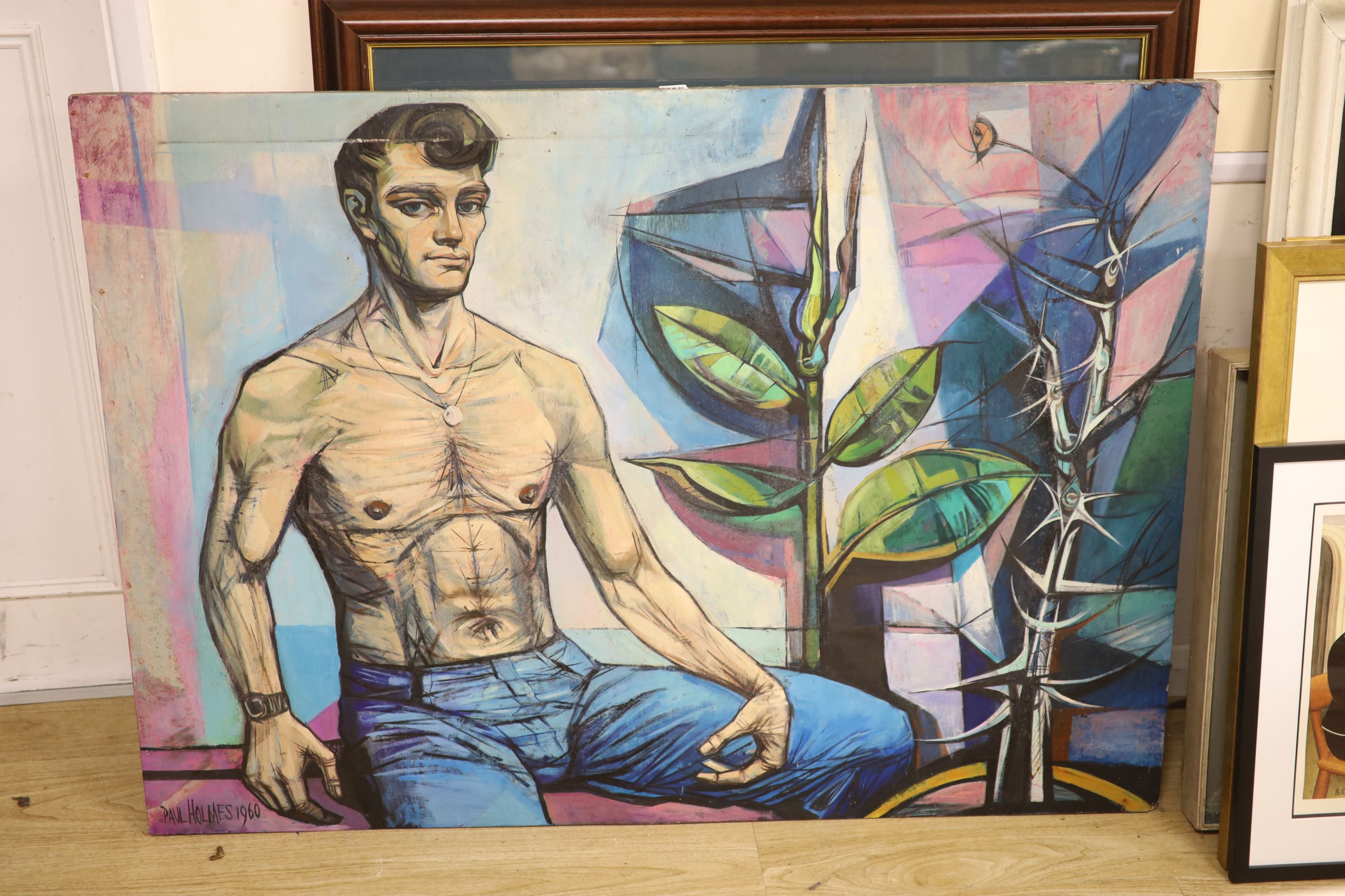 Paul Holmes, oil on board, Man seated beside house plants, signed and dated 1960, 92 x 128cm, unframed